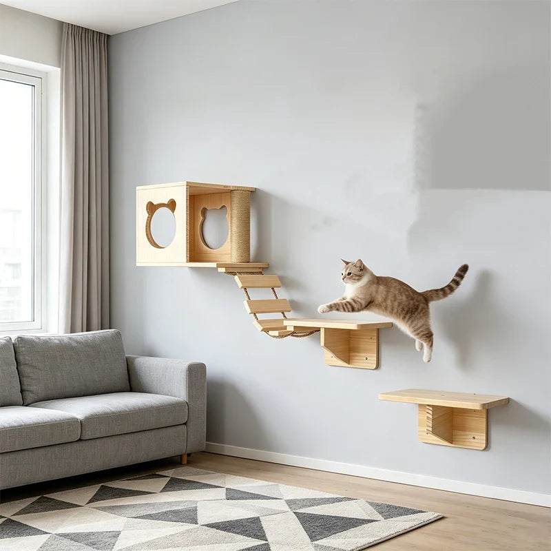 Parcours mural pour chat avec maisonnette et pont-échelle