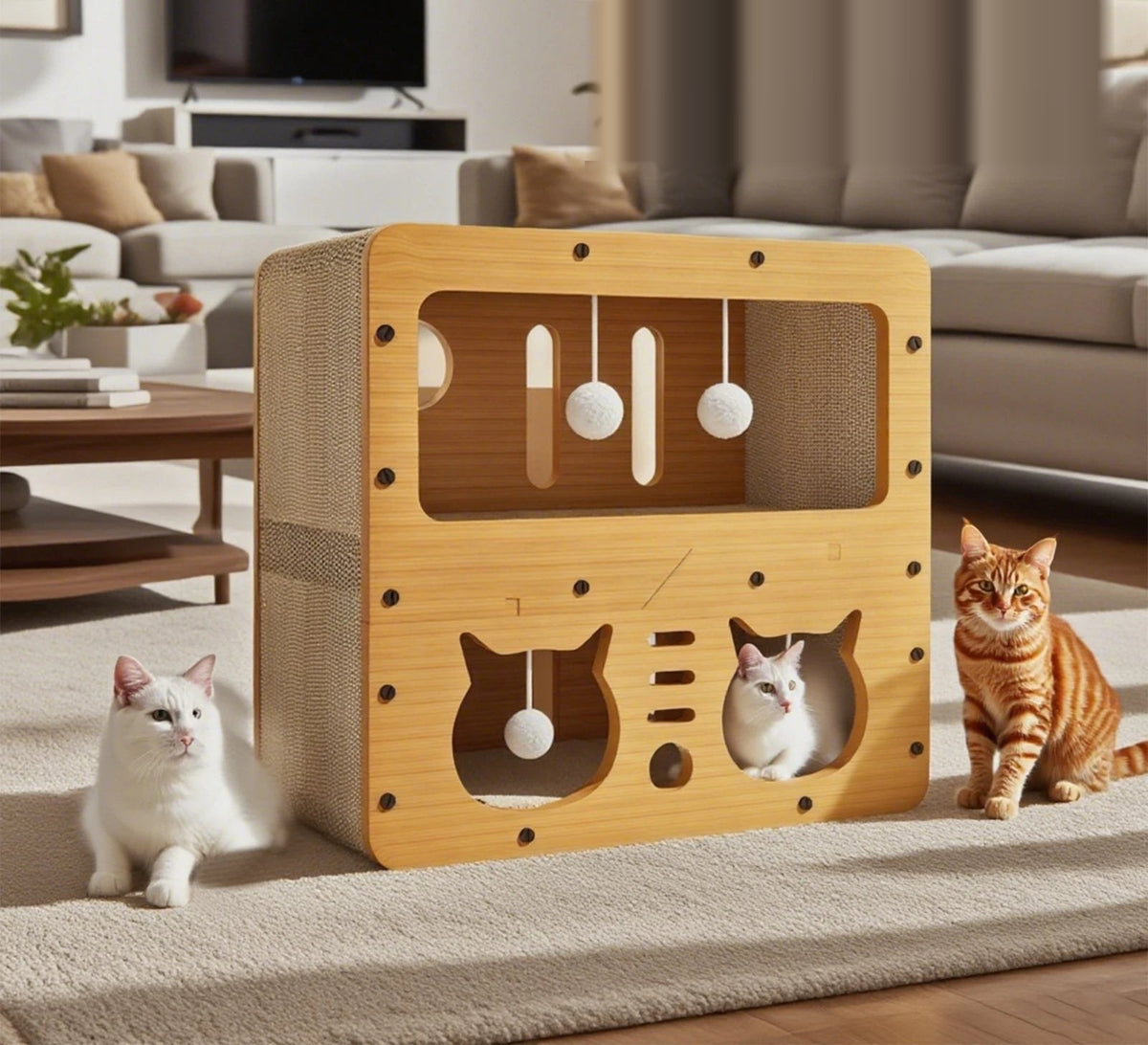 Maison-griffoir en carton ondulé à deux étages pour chat, dans un salon