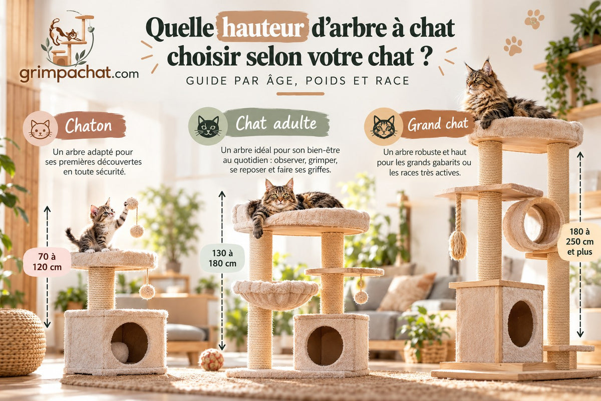 Quelle hauteur d'arbre à chat choisir : 70 à 120 cm pour un chaton, 130 à 180 cm pour un chat adulte, un arbre robuste pour un grand chat type Maine Coon