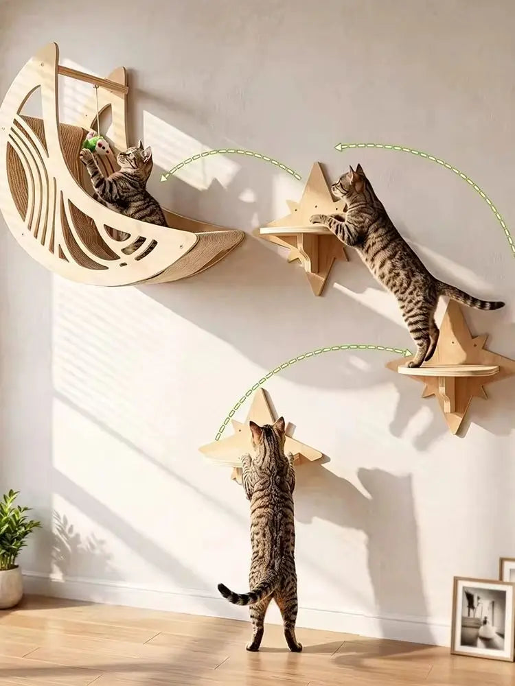 Berceau lune mural pour chat en bois clair