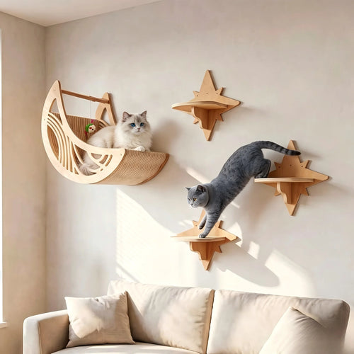 Ensemble mural lune et étoiles pour chat, en bois clair
