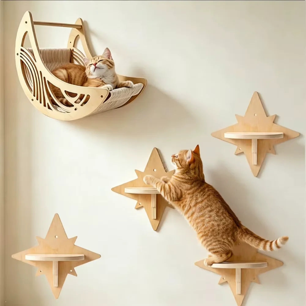 Détail du berceau lune et des plateformes étoile pour chat
