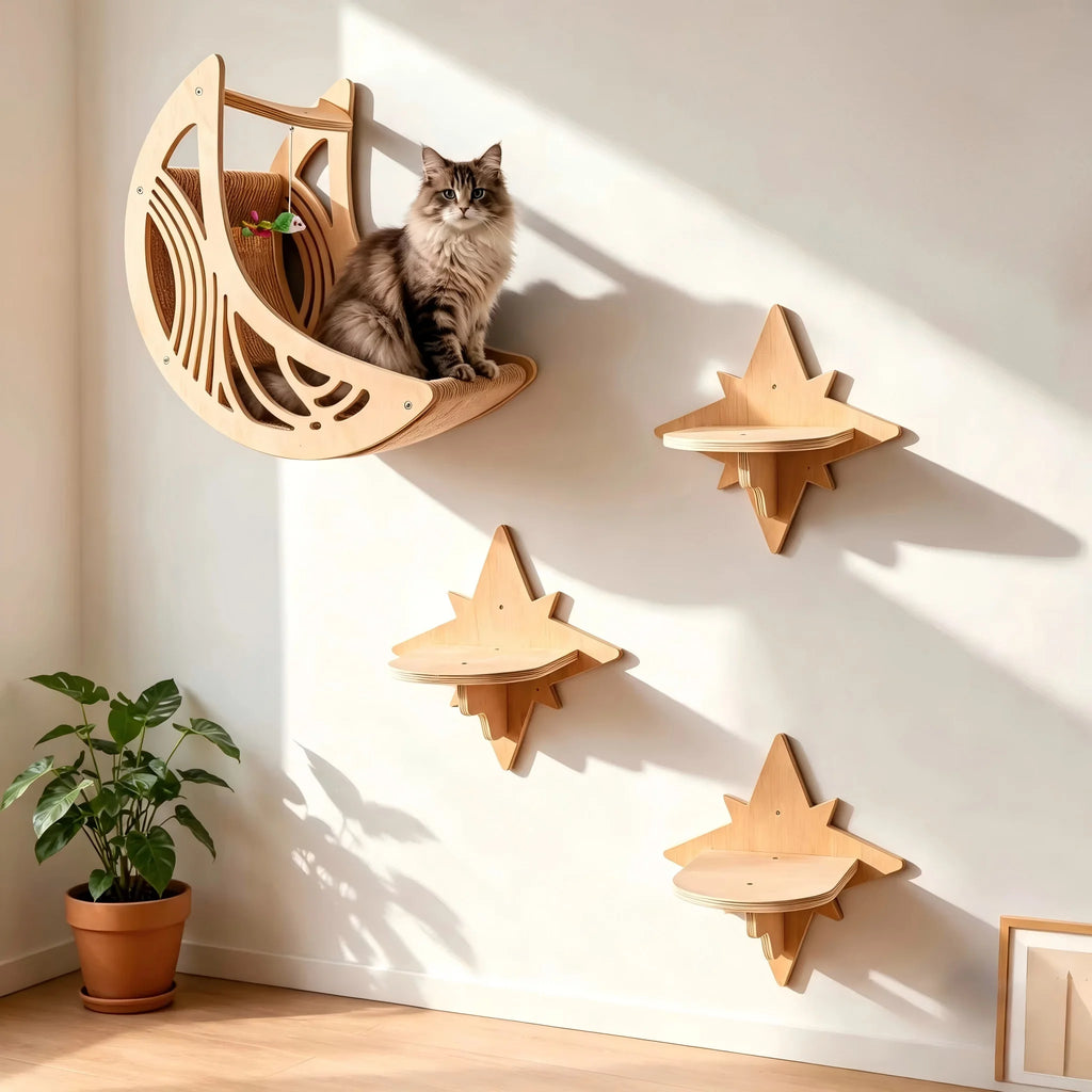 Berceau lune et étagères étoile murales pour chat en bois clair