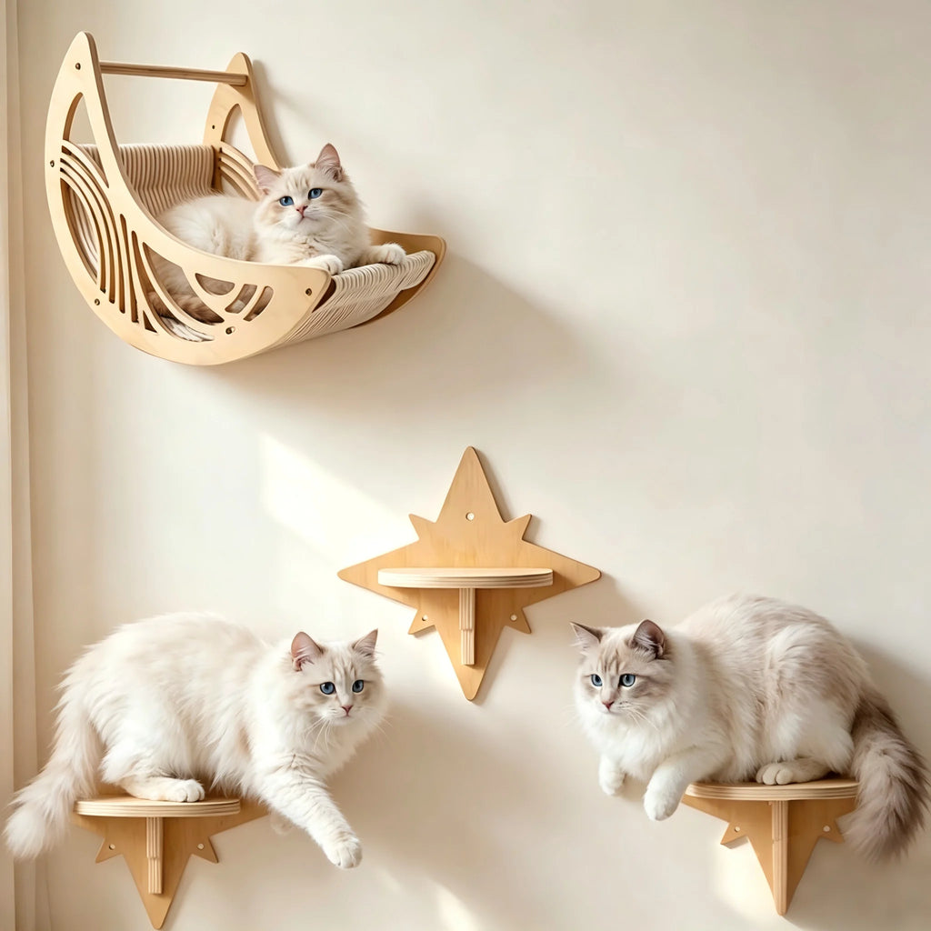 Berceau lune et trois plateformes étoile fixés au mur, avec des chats