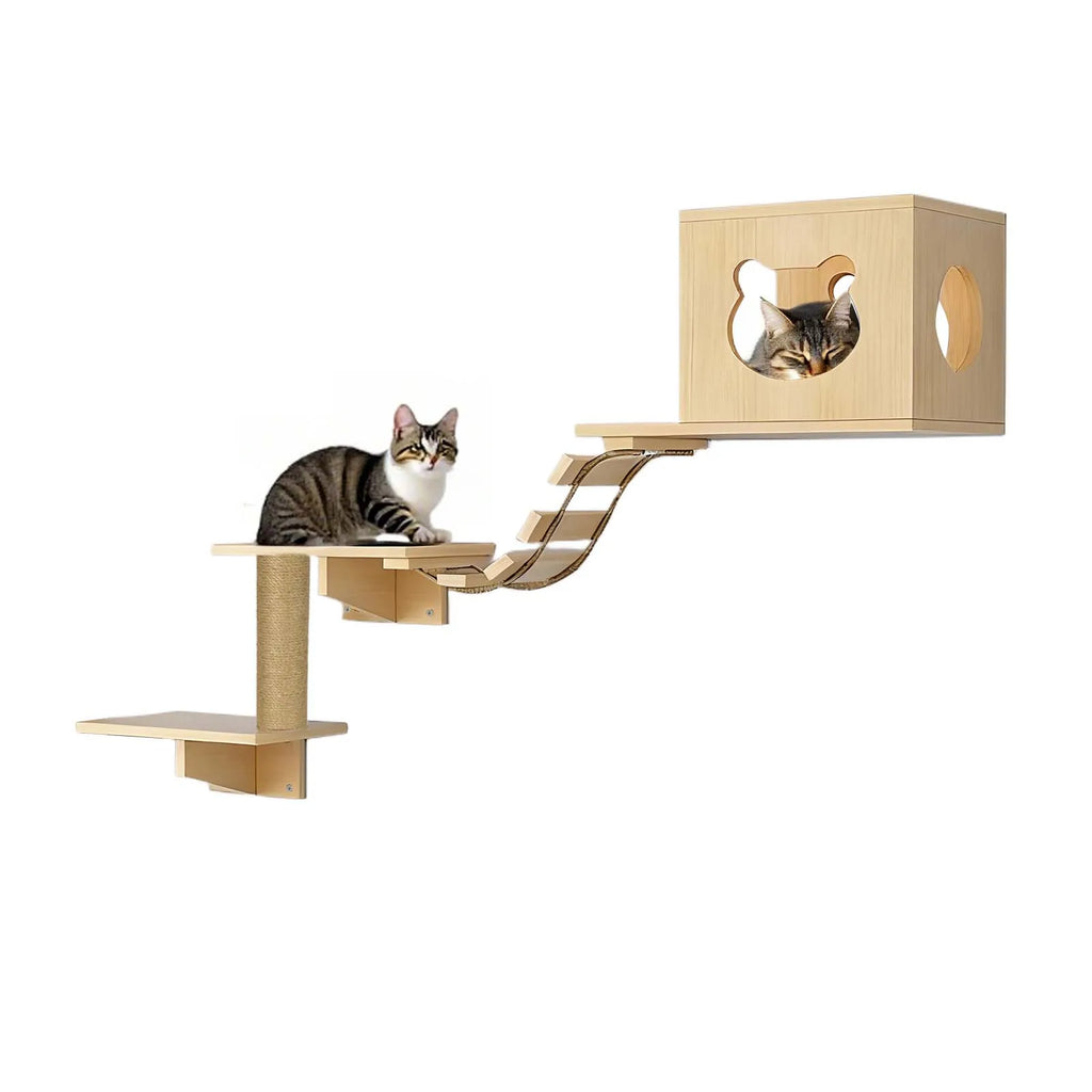 Structure murale en bois pour chat avec pont et échelle, vue 2