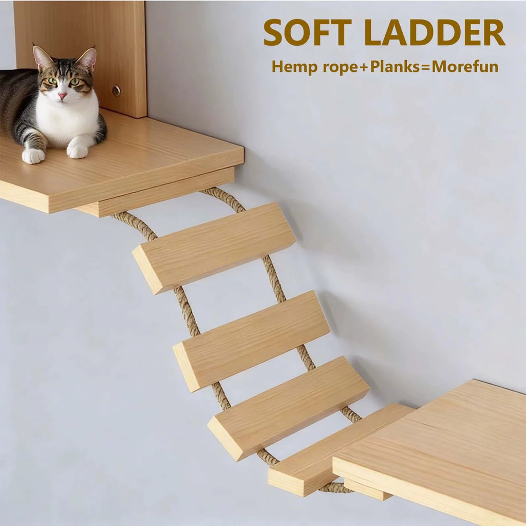Parcours mural pour chat : maisonnette, plateformes, pont et poteau
