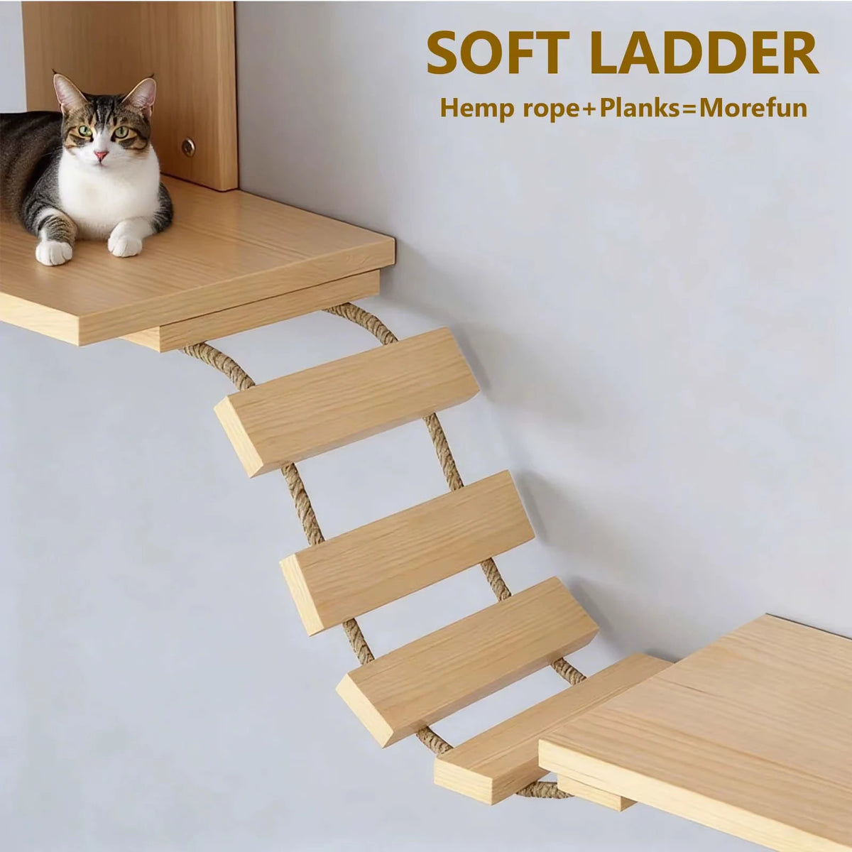 Parcours mural pour chat : maisonnette, plateformes, pont et poteau