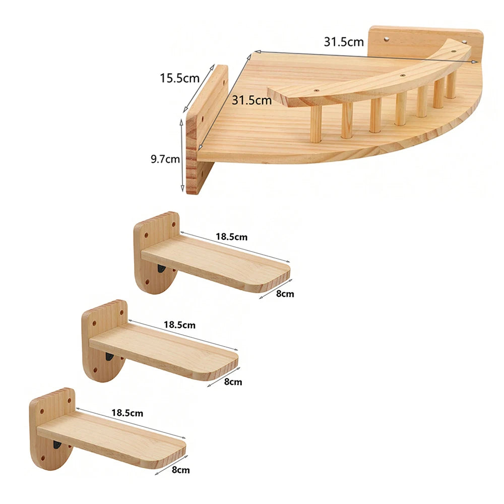 Dimensions : étagère d'angle 31,5 × 31,5 cm et marches 18,5 × 8 cm