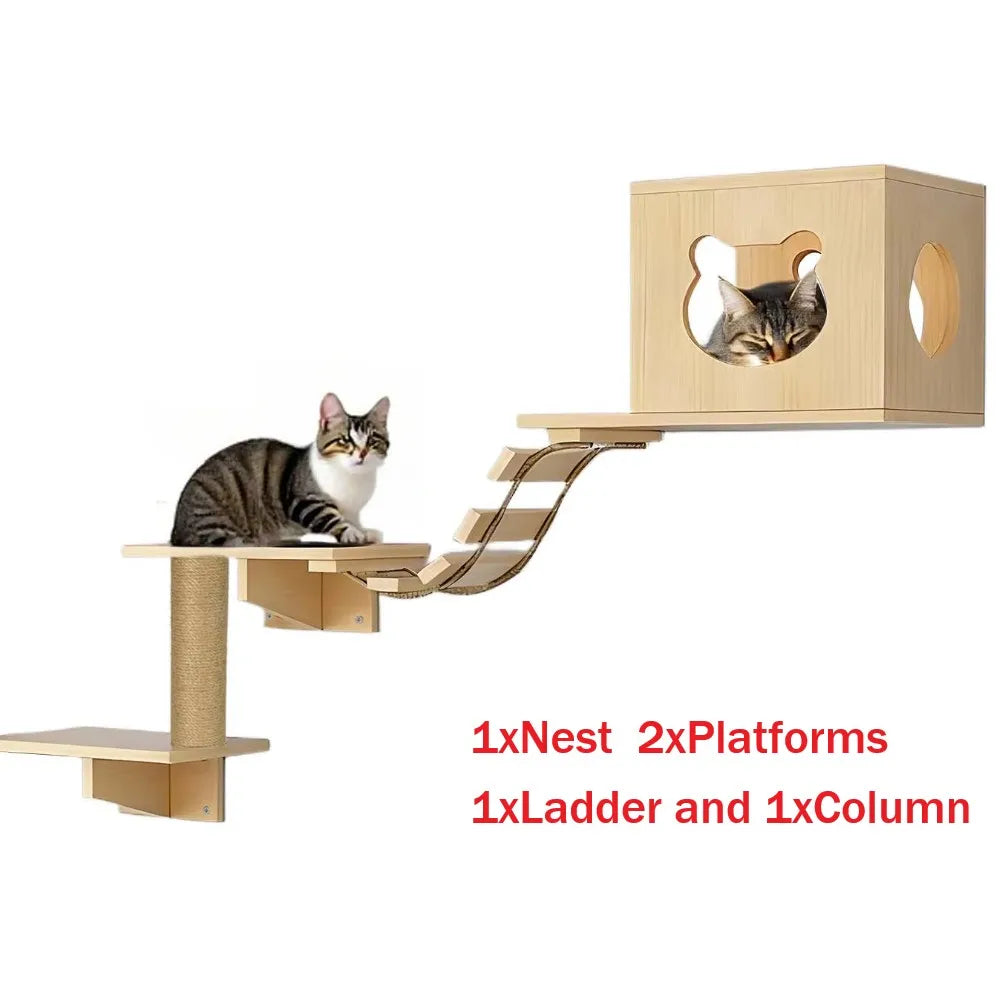 Contenu du kit : 1 maisonnette, 2 plateformes, 1 pont et 1 poteau à griffer