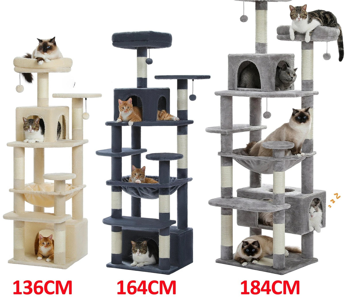 Arbre à chat 3 tailles (136, 164 ou 184 cm), comparaison des hauteurs