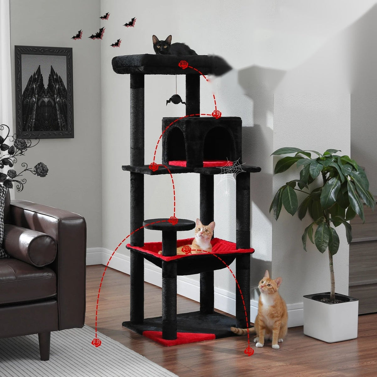 Arbre à chat 5 niveaux noir et rouge dans un salon