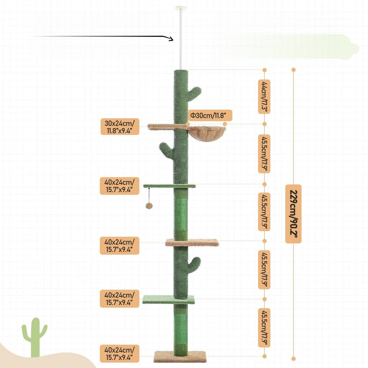 Arbre à chat cactus du sol au plafond, dimensions