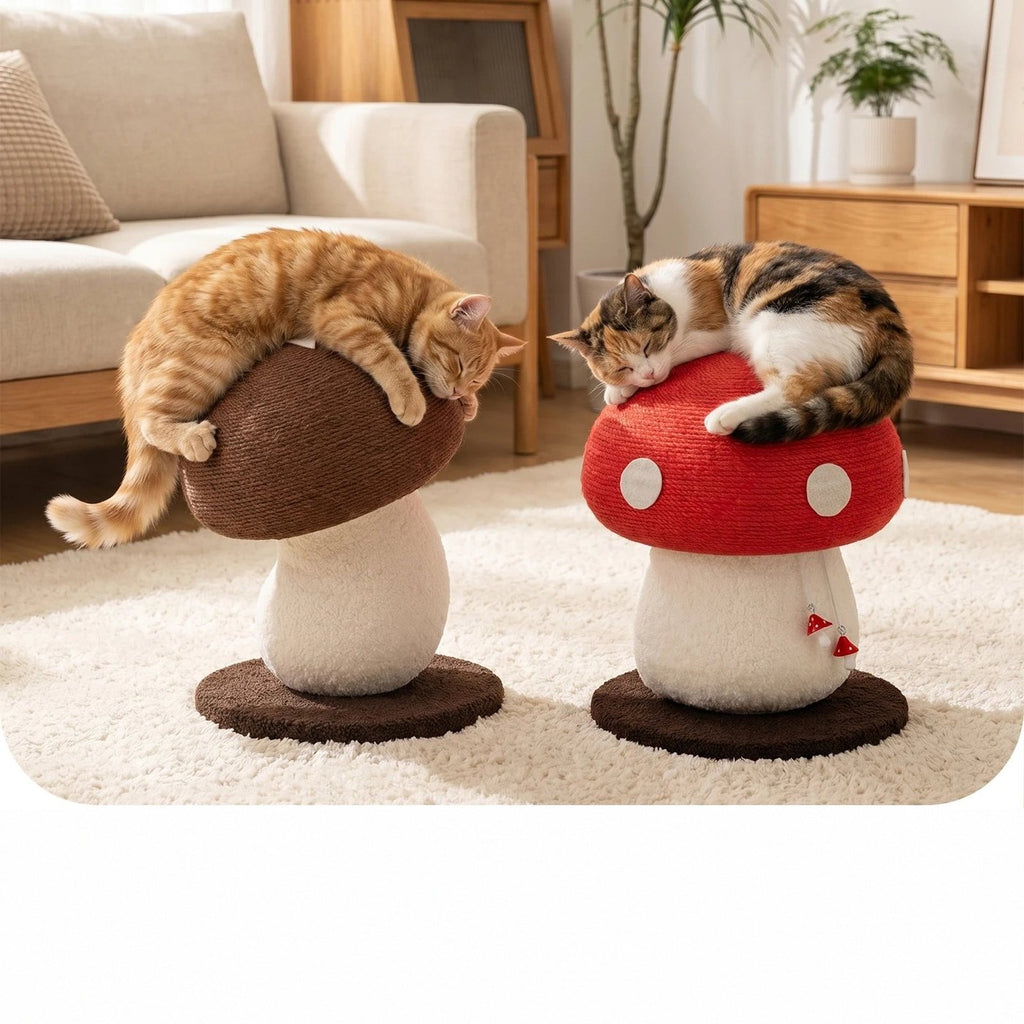 Griffoirs champignon rouge et marron dans un salon, deux chats couchés dessus