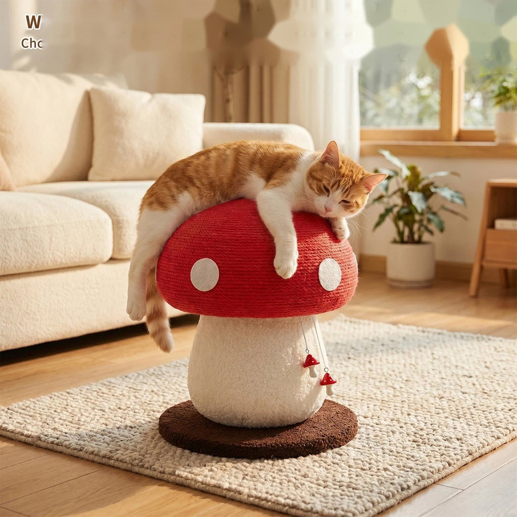 Chat roux couché sur le griffoir champignon rouge