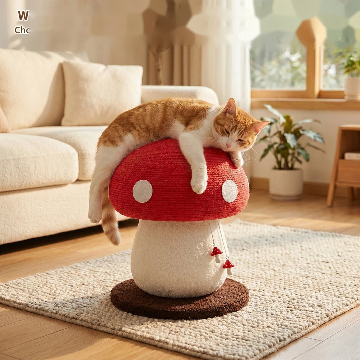 Chat roux couché sur le griffoir champignon rouge