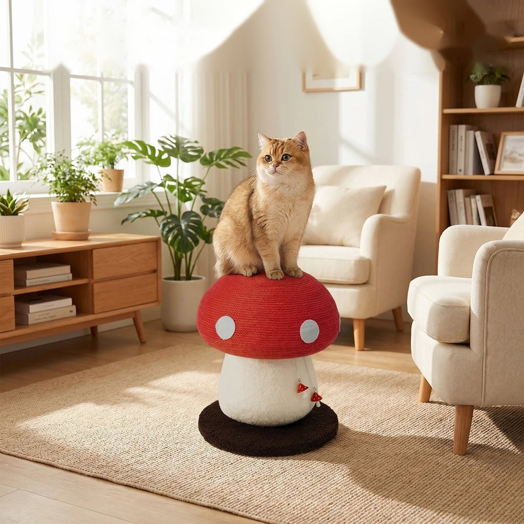 Chat assis sur le griffoir champignon rouge