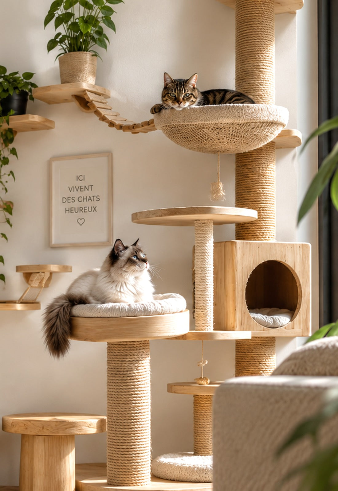 Salon avec arbre à chat en sisal et parcours mural, deux chats installés