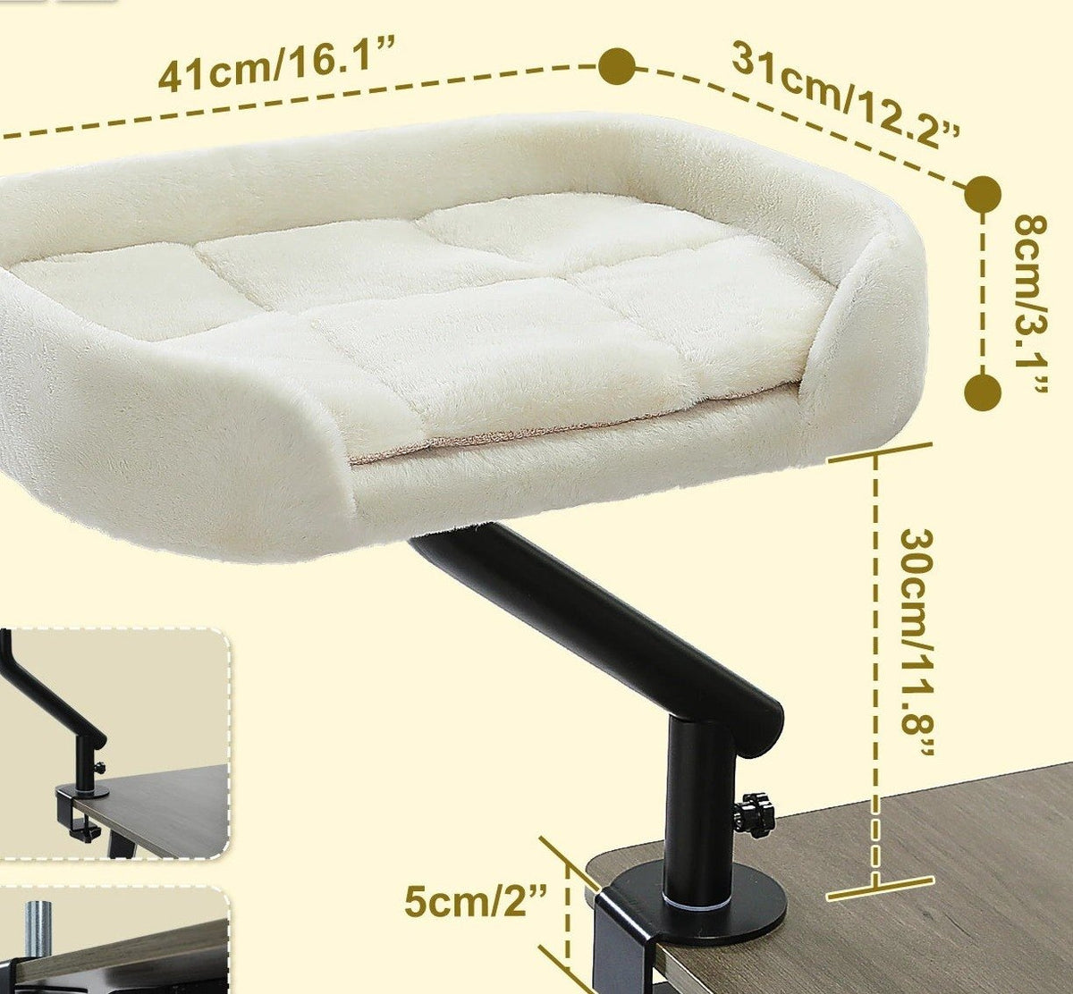 Lit de bureau pivotant à 360° pour chat, coloris beige, dimensions