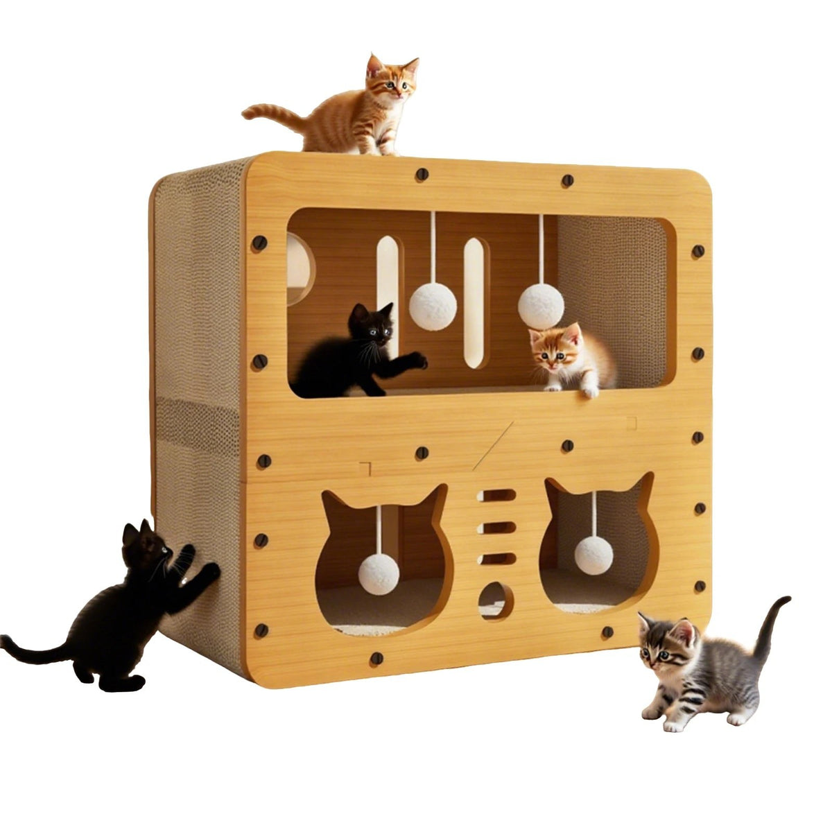 Maison-griffoir en carton, chatons qui jouent autour