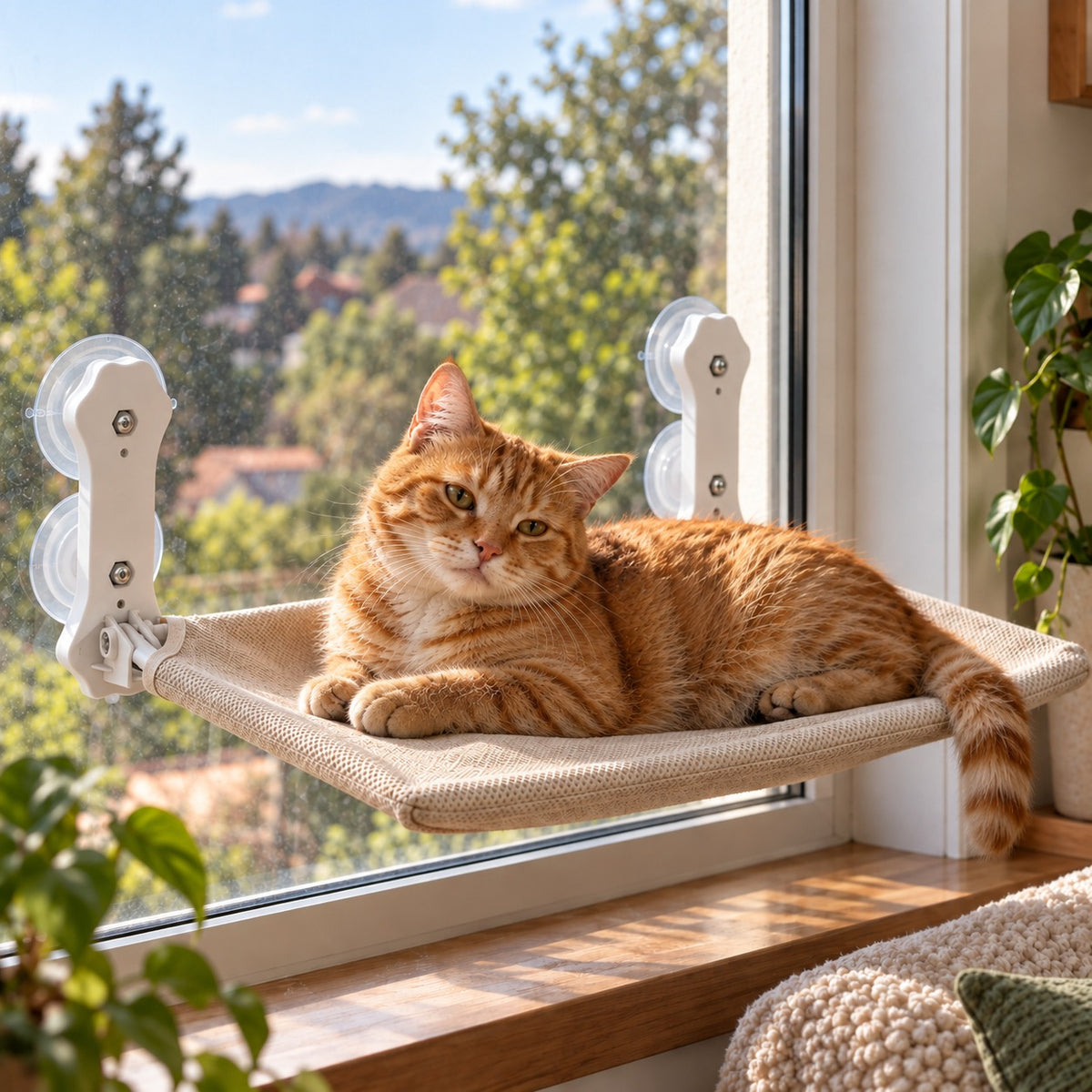 Chat roux détendu sur le hamac de fenêtre Grimpachat, au soleil