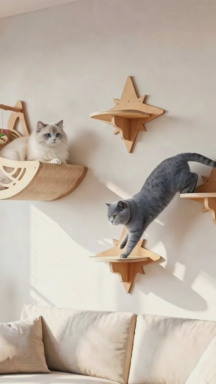 Chats qui grimpent d'étoile en étoile et s'installent dans le berceau lune mural en bois clair