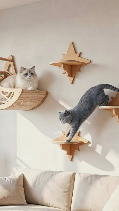 Chats qui grimpent d'étoile en étoile et s'installent dans le berceau lune mural en bois clair